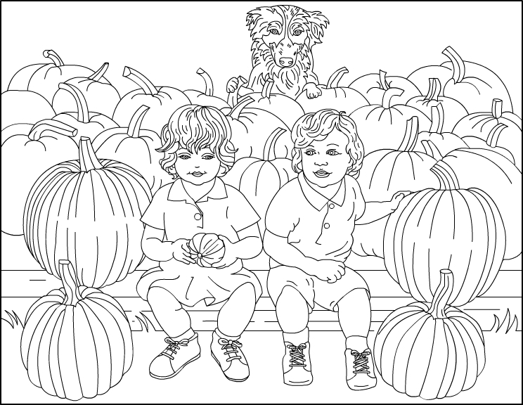 Un coloriage d'automne avec des feuilles et une citrouille