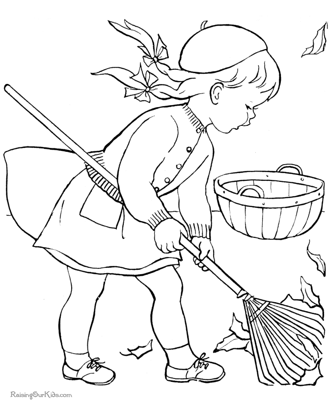Un coloriage d'un paysage d'automne avec des arbres et des feuilles tombantes