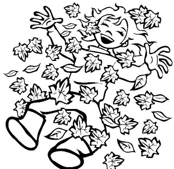 Un coloriage d'automne avec un arbre, des feuilles et des champignons