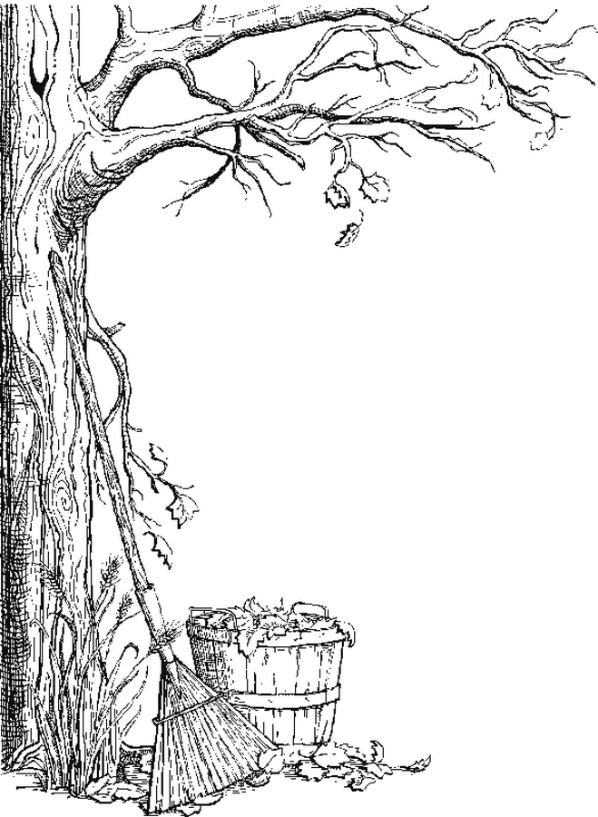 Un coloriage d'automne avec un arbre et des feuilles tombantes