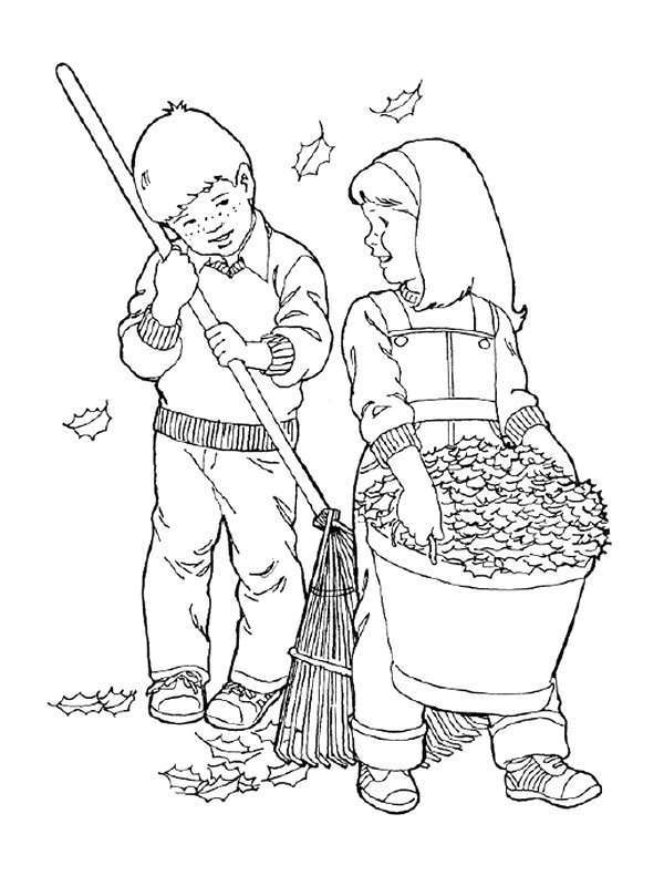 Coloriage d'une scène d'automne avec des arbres et des feuilles tombantes