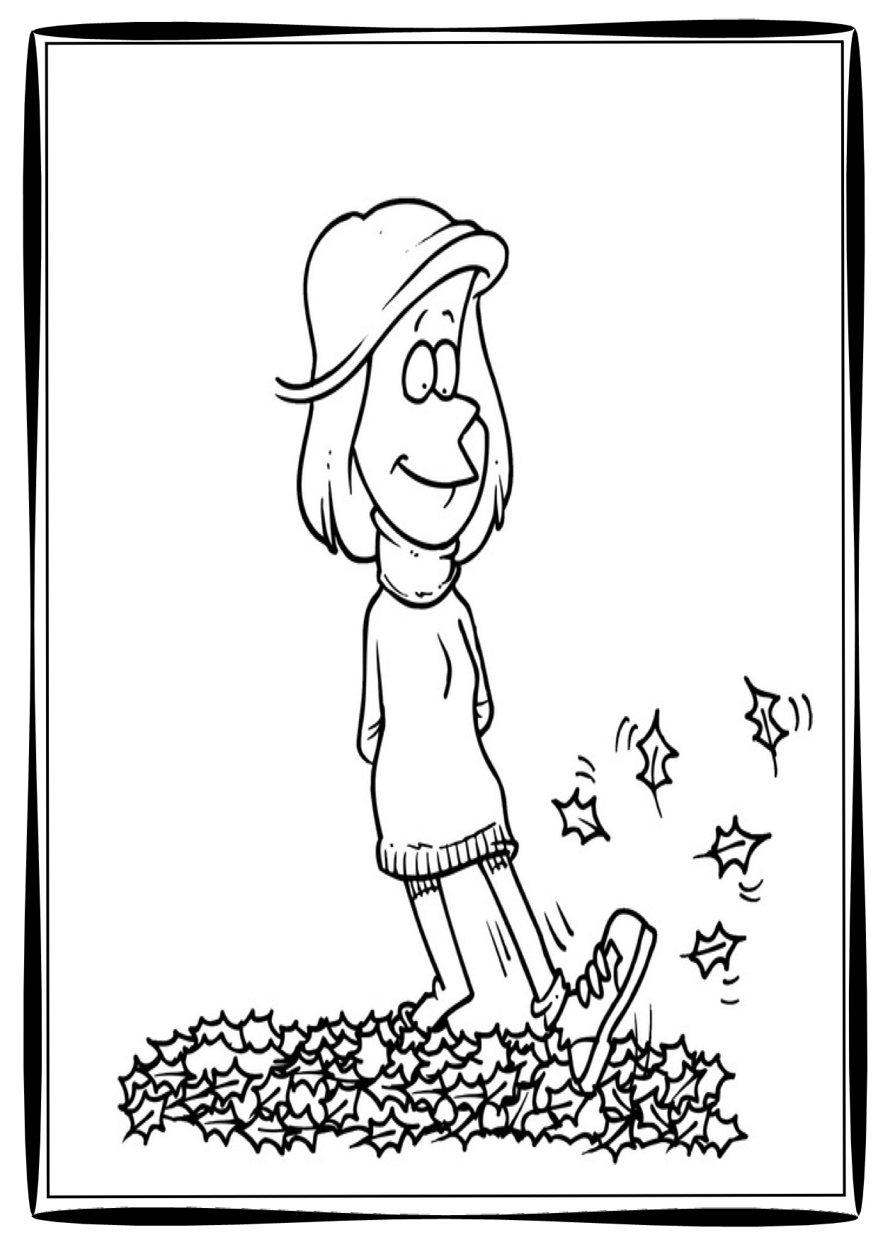 Coloriage d'une scène automnale avec des feuilles et un écureuil
