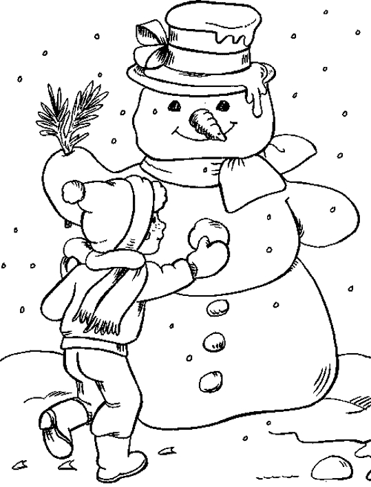 Scène hivernale avec des enfants jouant et un bonhomme de neige