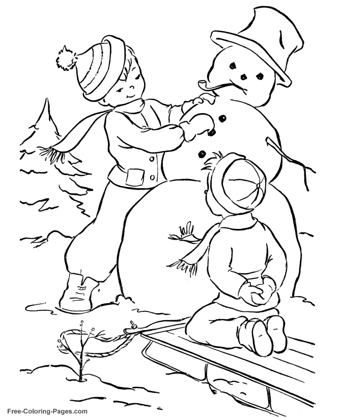 Scène hivernale avec un bonhomme de neige et des enfants en train de jouer