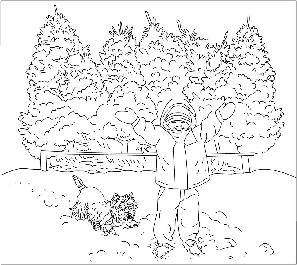 Un enfant s'amuse à colorier un paysage hivernal avec des flocons de neige Un enfant s'amuse à colorier un paysage hivernal avec des flocons de neige