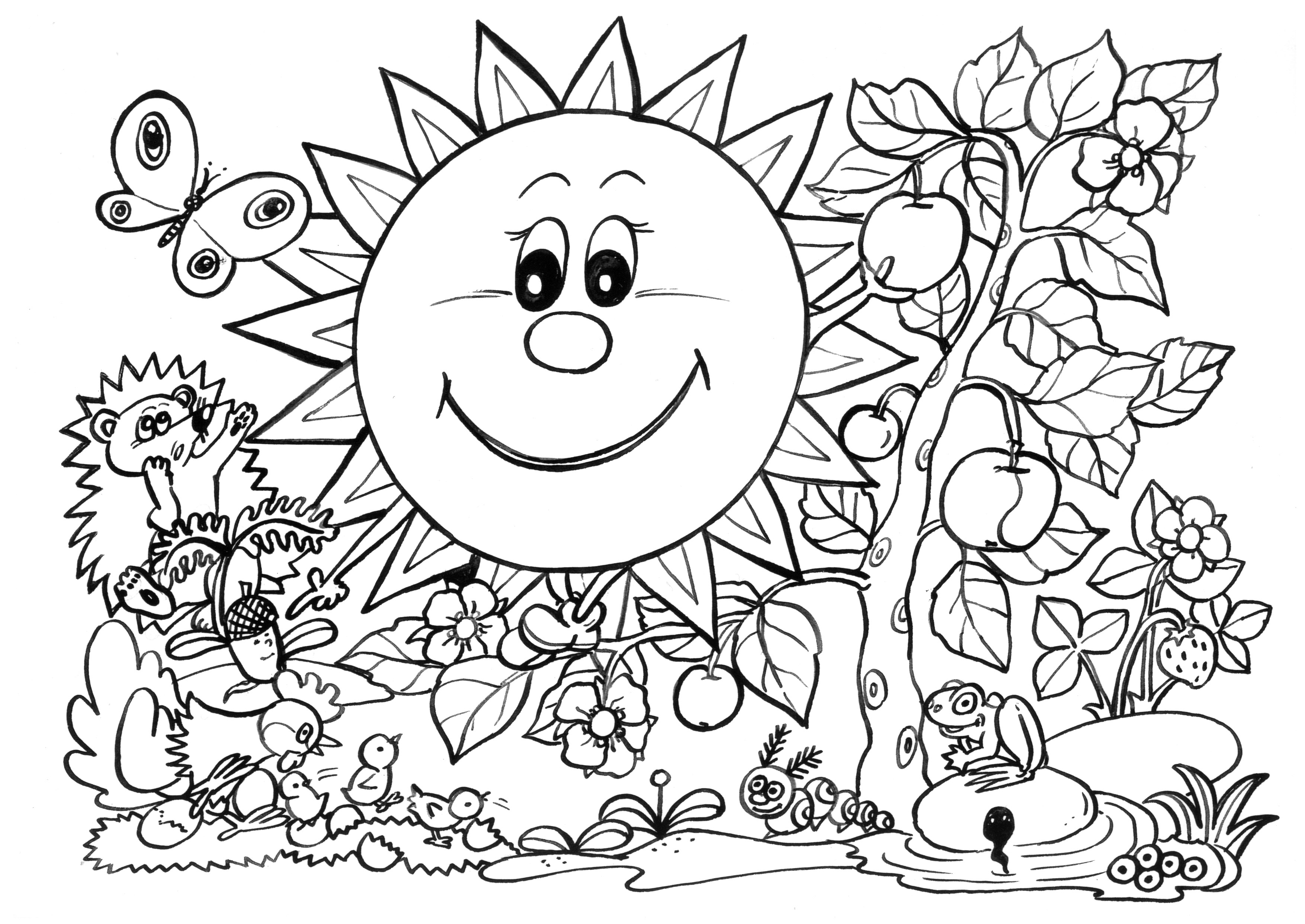 Coloriage d'un jardin printanier avec fleurs et papillons