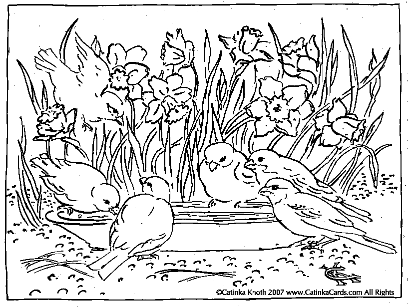 Scène printanière avec un arbre fleuri et des animaux joyeux