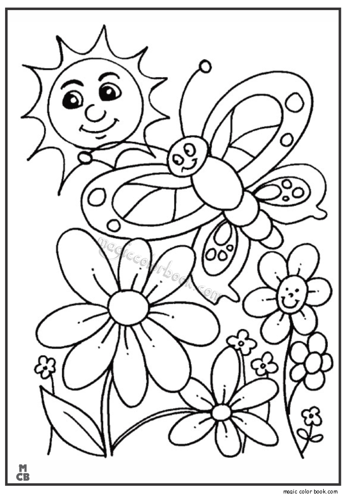 Coloriage illustrant le printemps avec des fleurs et un papillon