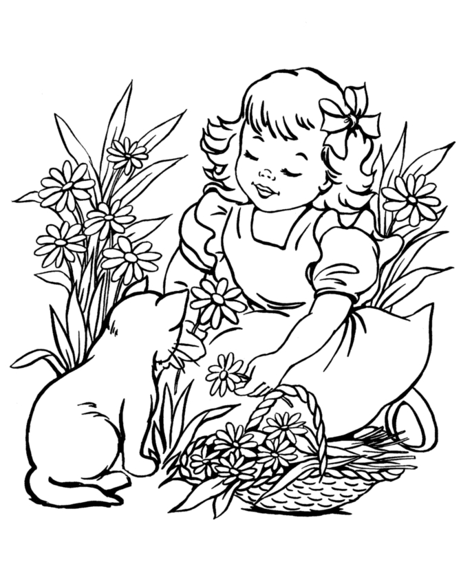 Coloriage d'un paysage printanier animé avec des fleurs et des insectes