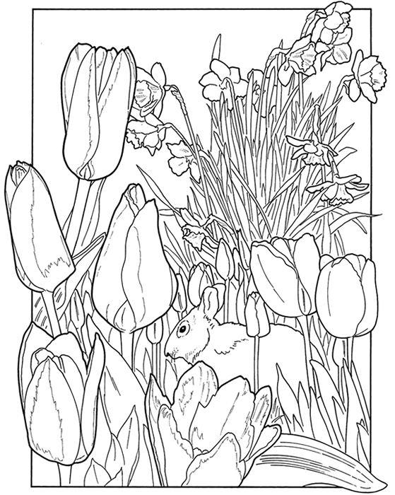 Scène printanière avec un jardin fleuri et un oiseau chantant