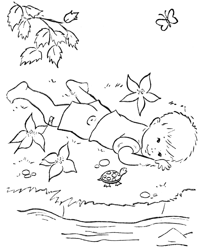 Coloriage d'un paysage printanier avec un arbre en fleurs et un papillon