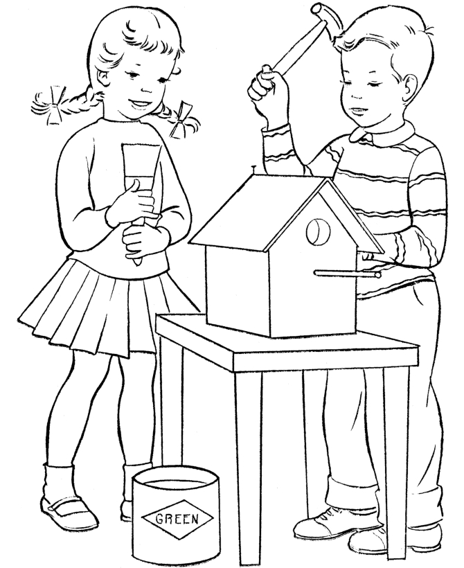 Scène printanière avec un arbre fleuri et des enfants jouant