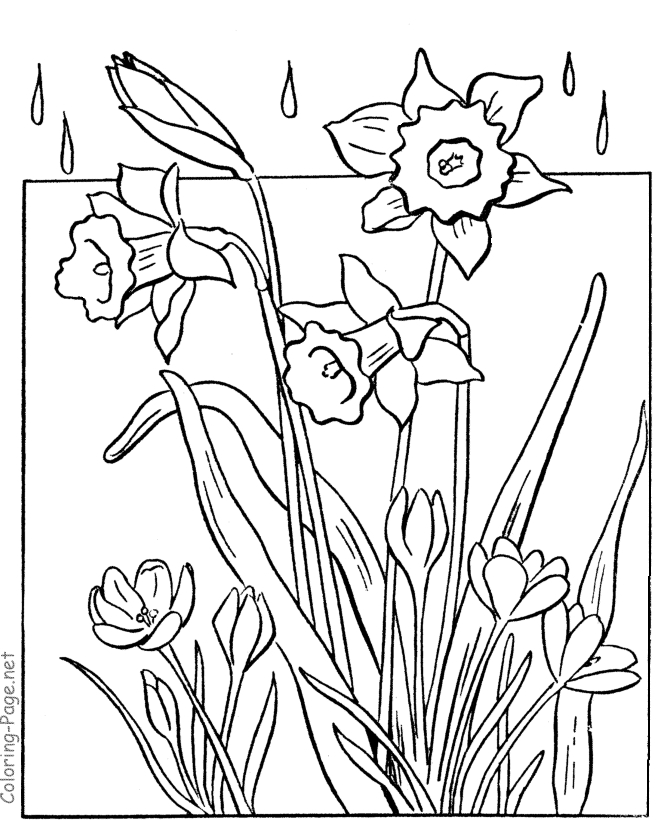 Un coloriage printanier avec des fleurs et un papillon dans un jardin ensoleillé