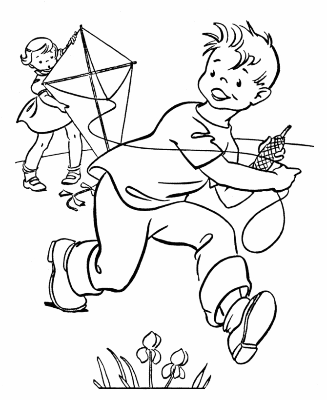 Coloriage d'un jardin printanier avec des fleurs et un petit oiseau