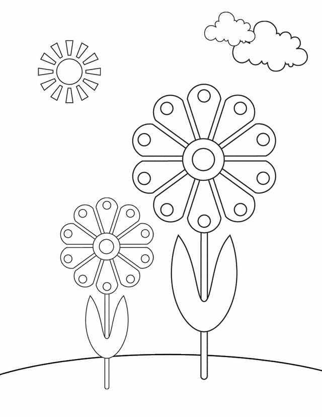 Coloriage d'un paysage printanier avec des fleurs et un arbre