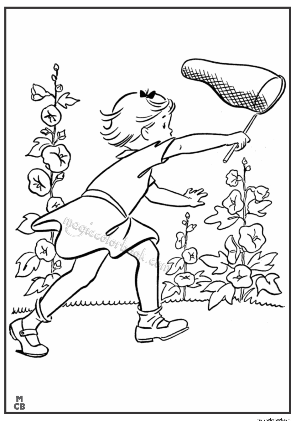 Coloriage d'un jardin printanier avec des fleurs et un papillon