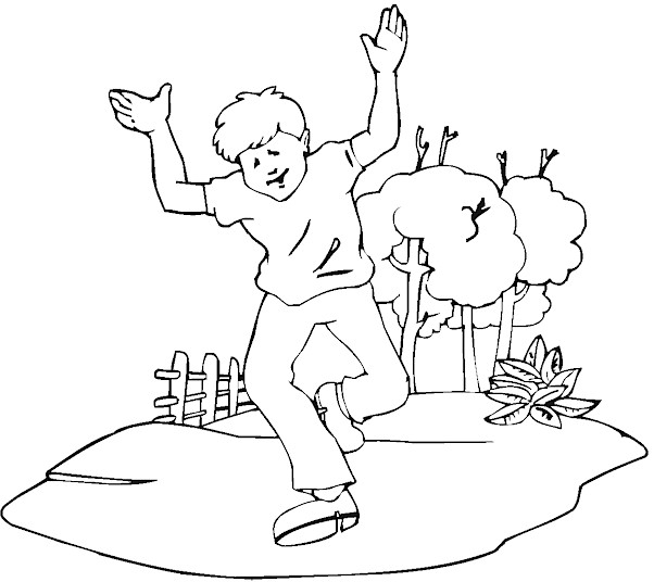 Coloriage d'un paysage printanier avec un arbre fleuri et des fleurs