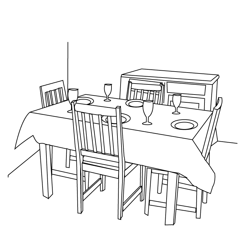 Coloriage d'une salle à manger chaleureuse avec une table et des chaises