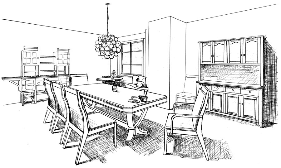 Coloriage d'une salle à manger chaleureuse avec des meubles et des accessoires