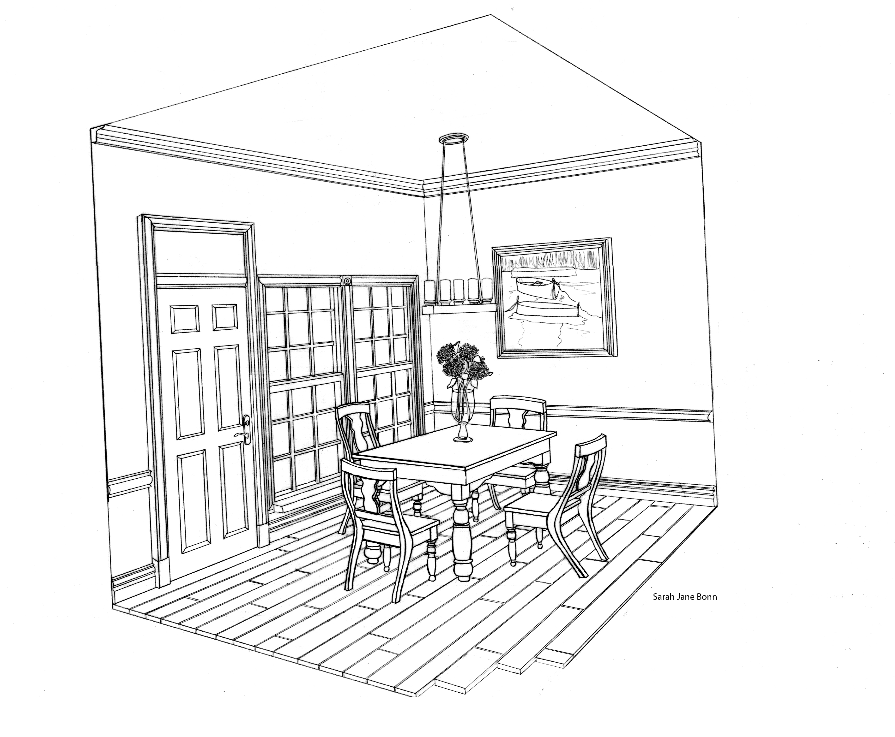 Coloriage d'une salle à manger accueillante avec une grande table