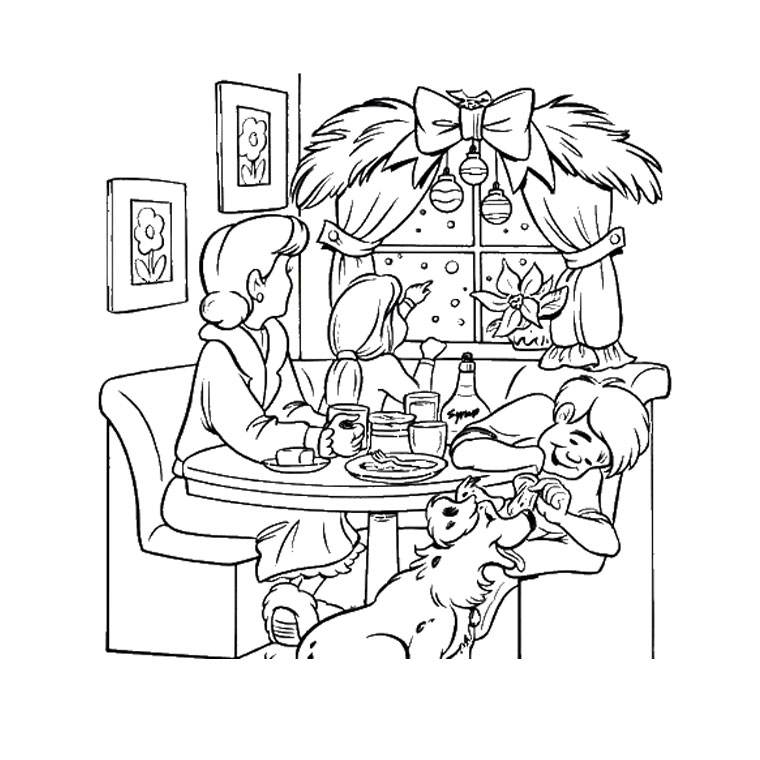 Coloriage d'une salle à manger chaleureuse avec une table et des chaises