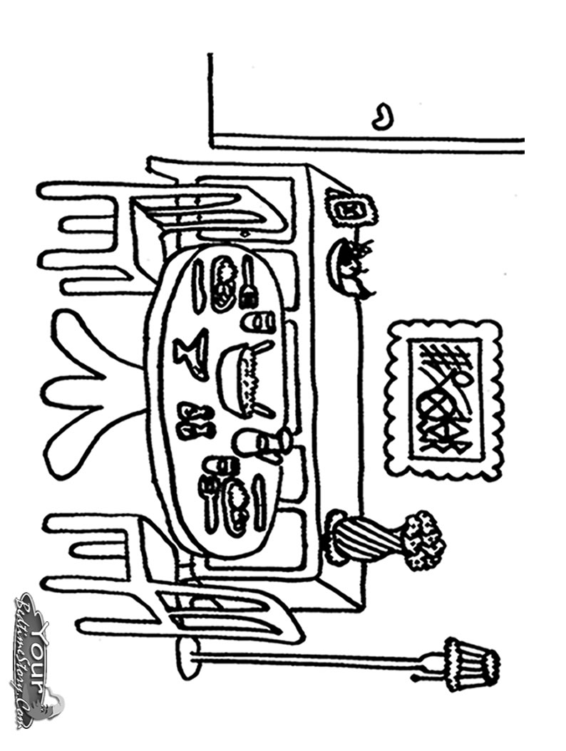 Coloriage d'une salle à manger chaleureuse avec une table et des chaises
