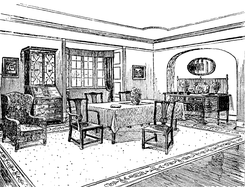 Coloriage d'une salle à manger conviviale avec une table et des chaises