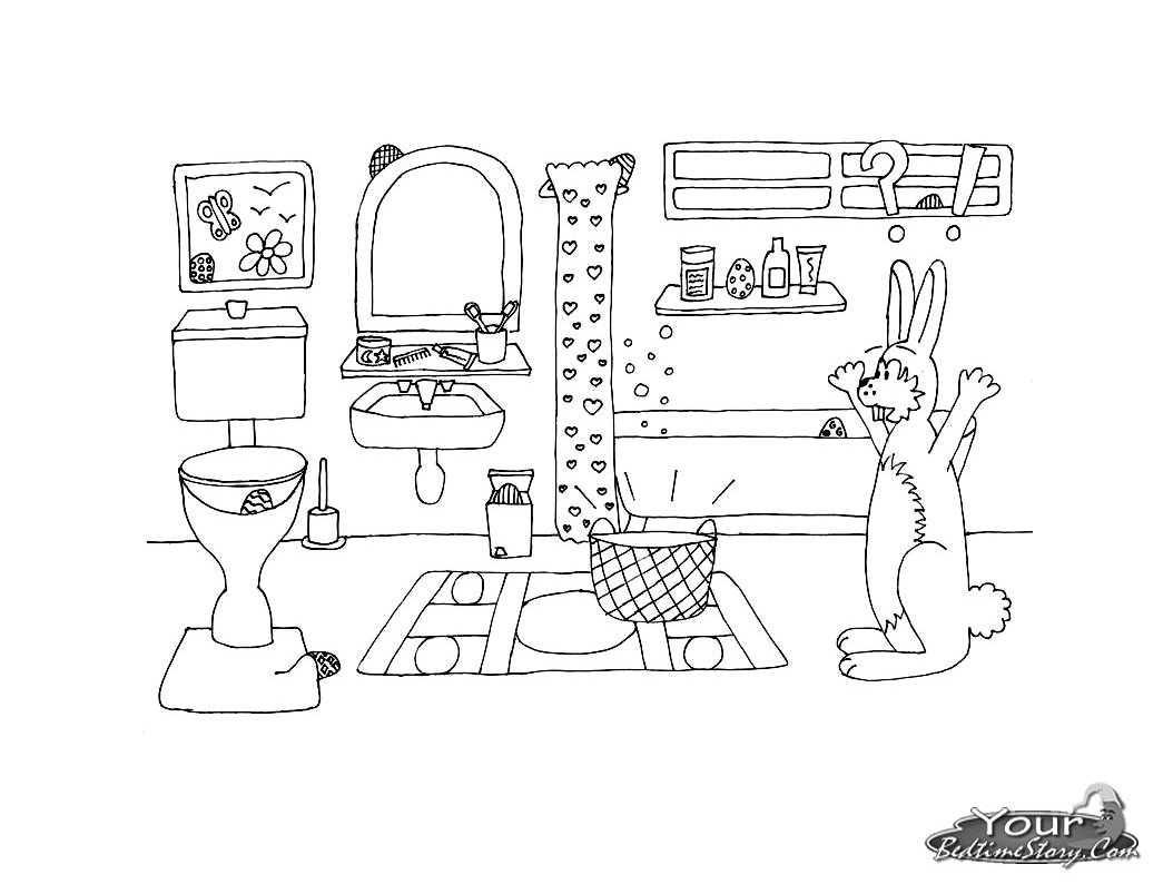 Coloriage d'une salle de bain avec baignoire, lavabo et décoration