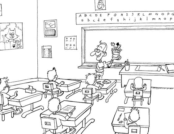 Coloriage d'une salle de classe animée avec des élèves et des fournitures scolaires