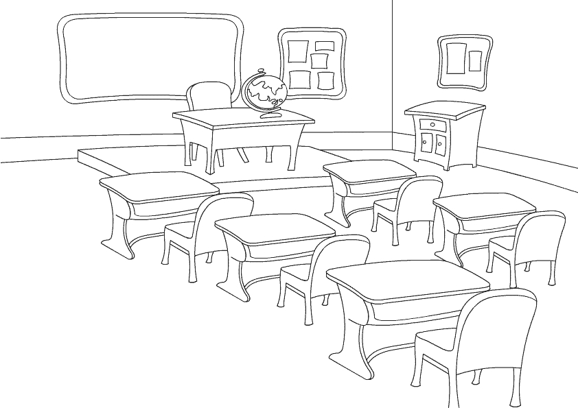 Coloriage d'une salle de classe animée avec élèves et enseignant