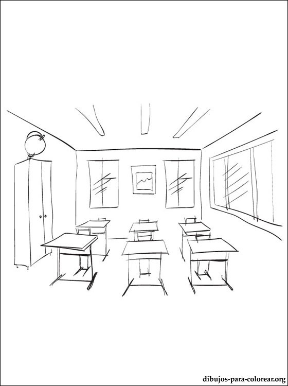 Coloriage d'une salle de classe animée avec des élèves et des fournitures scolaires