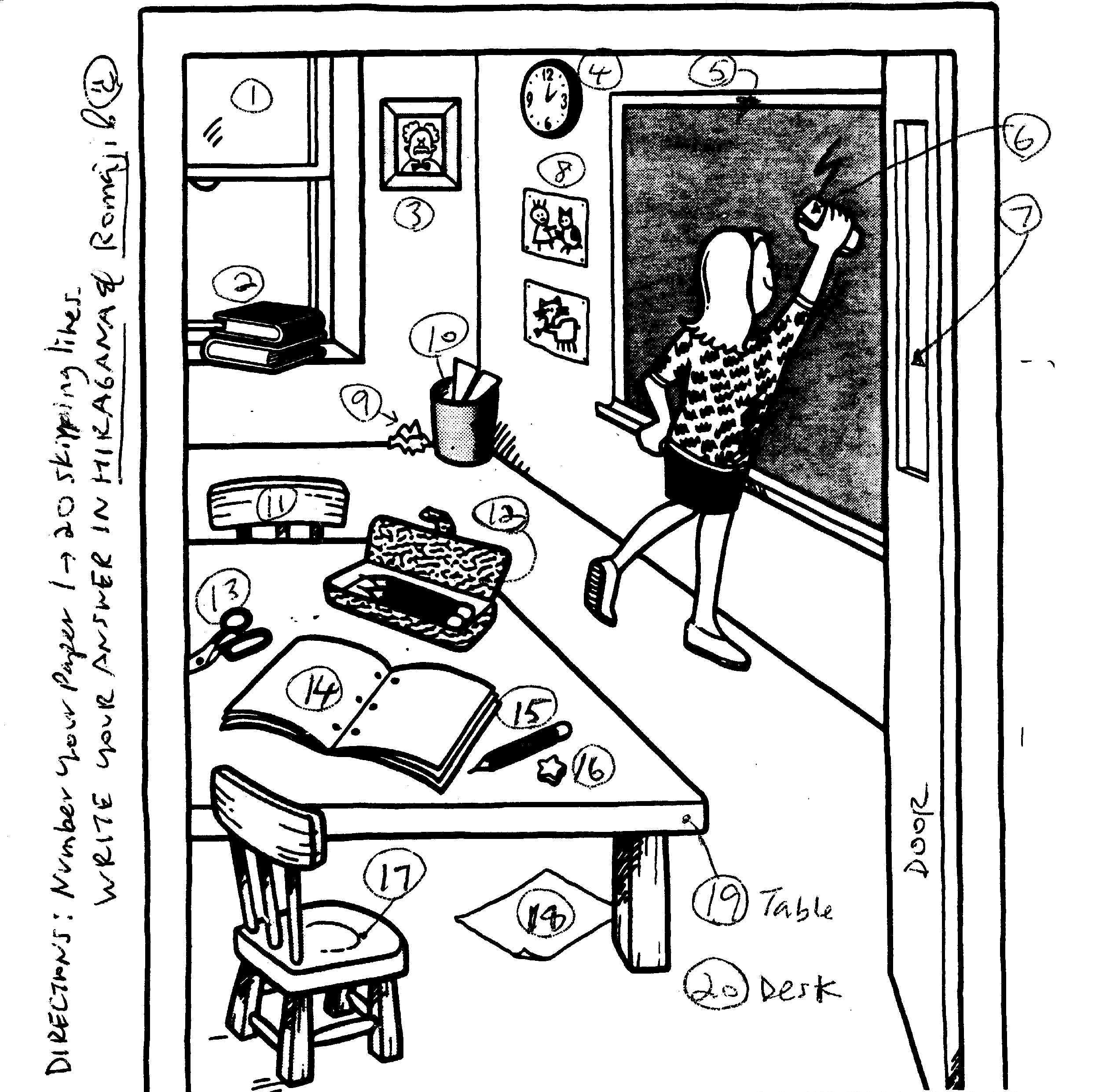 Coloriage d'une salle de classe animée avec des élèves et des fournitures scolaires