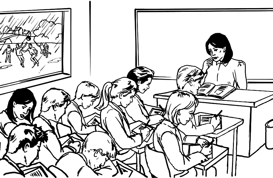 Coloriage d'une salle de classe animée avec des élèves et des éléments scolaires