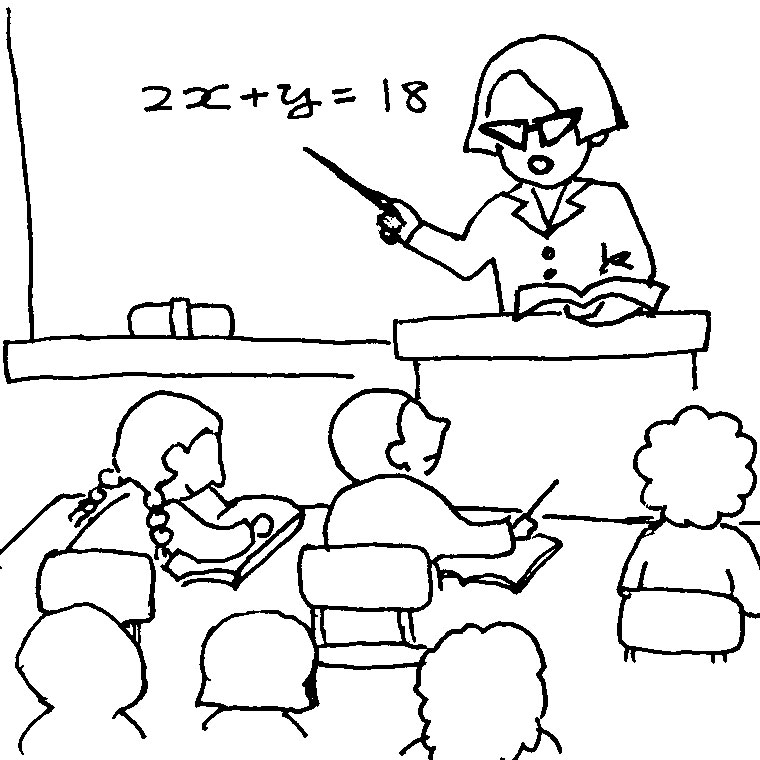 Coloriage d'une salle de classe animée avec des élèves et des fournitures scolaires
