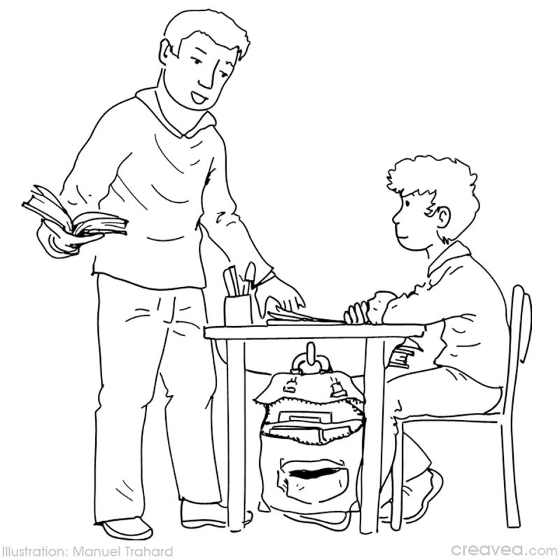 Coloriage d'une salle de classe avec des élèves et du matériel scolaire