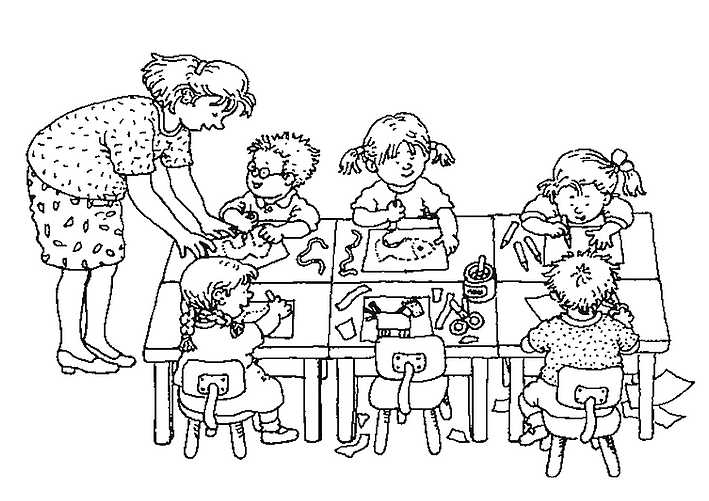 Un coloriage de salle de classe avec des élèves et des éléments scolaires