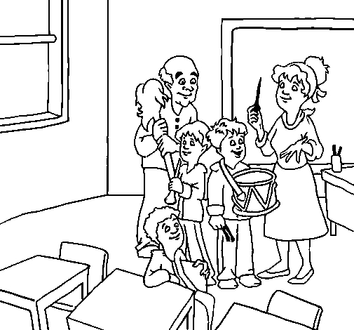 Coloriage d'une salle de classe animée avec des élèves et un enseignant