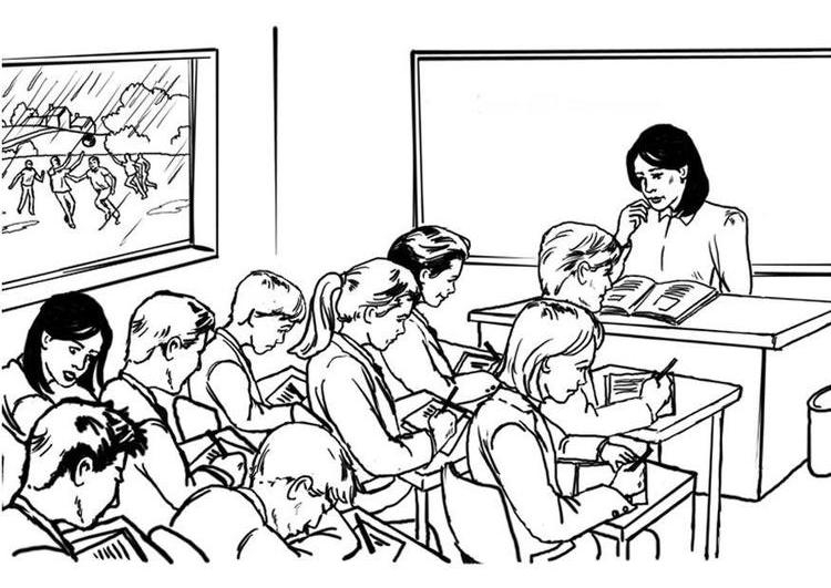 Coloriage d'une salle de classe animée avec des élèves et leur enseignante