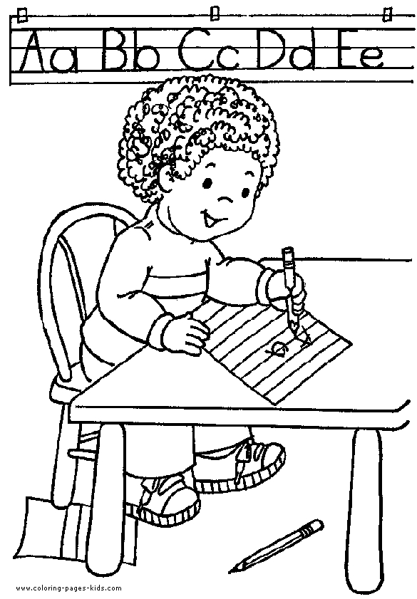 Un coloriage illustrant une salle de classe animée avec des élèves à leurs bureaux