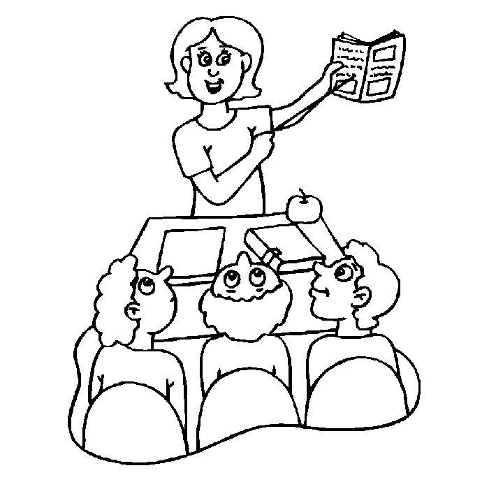 Coloriage d'une salle de classe animée avec des élèves et des fournitures scolaires