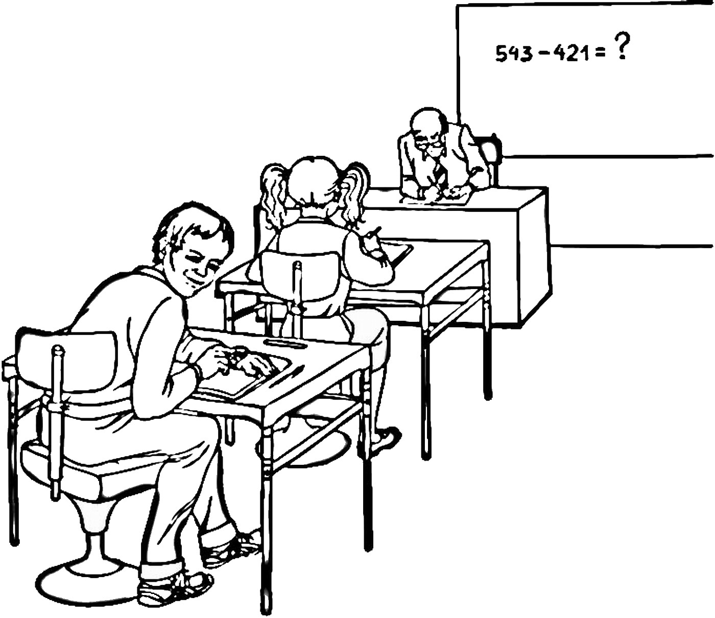 Coloriage d'une salle de classe avec des élèves et des fournitures scolaires