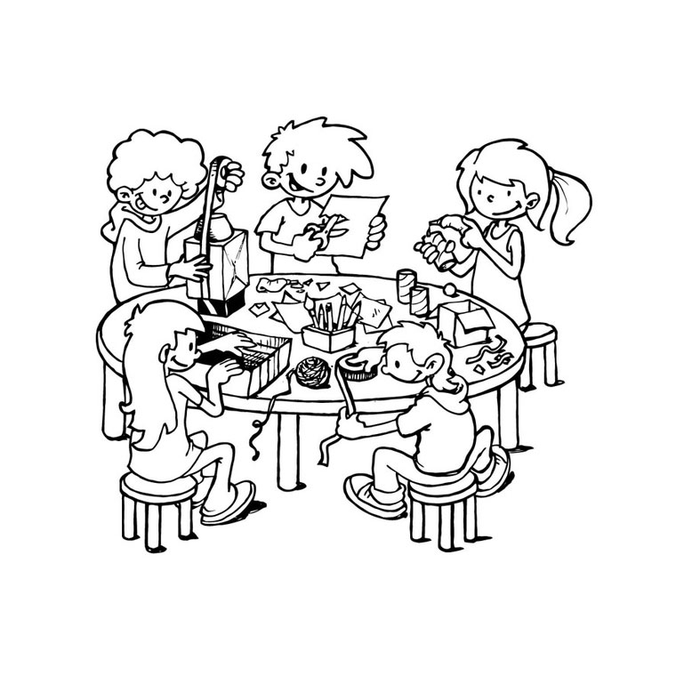 Coloriage d'une salle de classe animée avec des élèves et du matériel scolaire