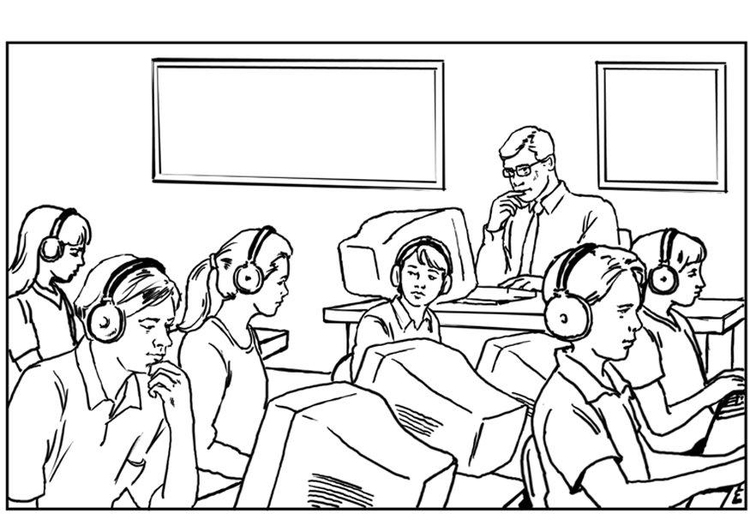 Coloriage d'une salle de classe animée avec des élèves et des fournitures scolaires