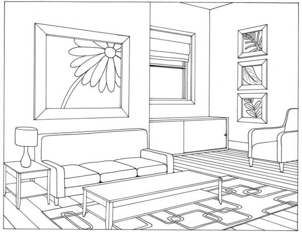 Coloriage d'un salon chaleureux avec des meubles modernes et des éléments décoratifs