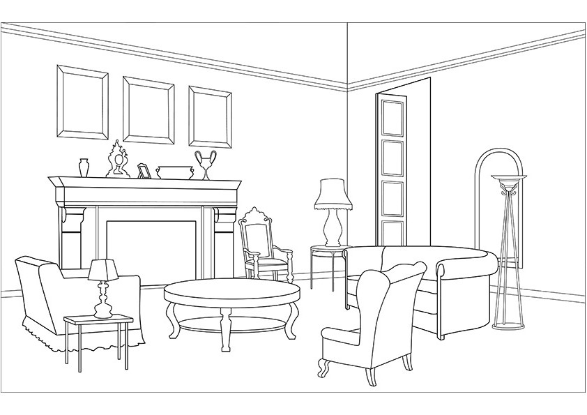 Coloriage d’un salon accueillant avec des meubles et une ambiance chaleureuse
