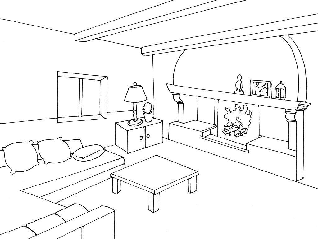 Coloriage d'un salon accueillant avec des meubles et des accessoires