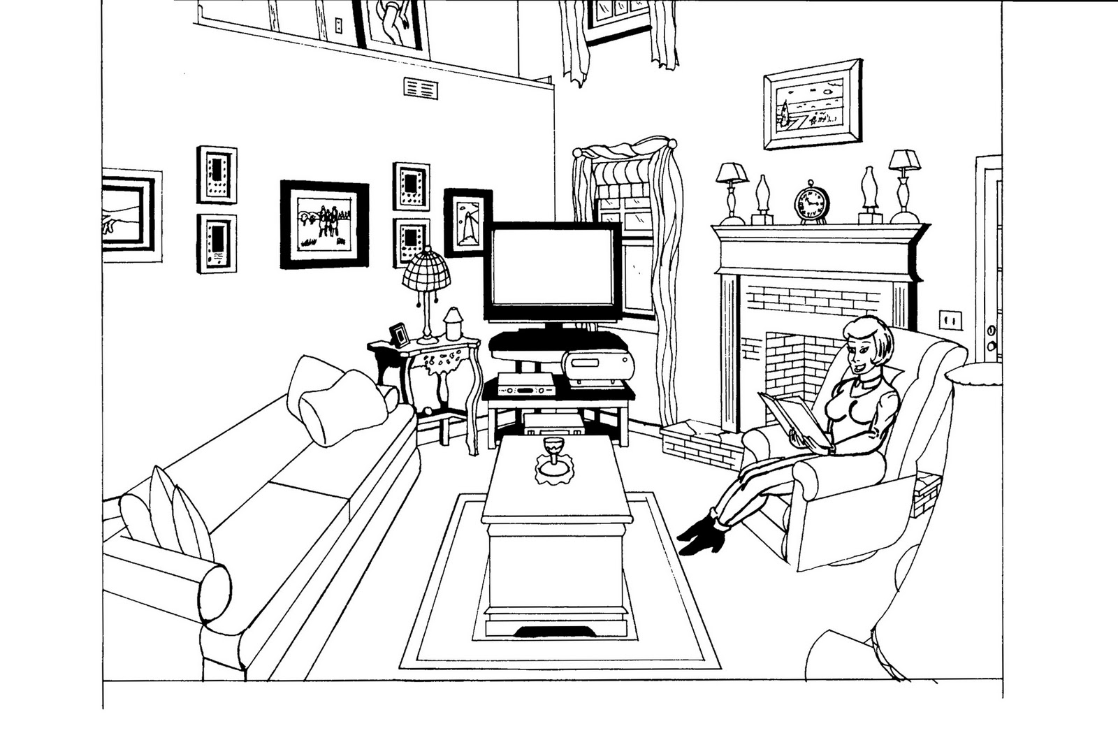 Coloriage d'un salon accueillant avec des éléments de décoration variés