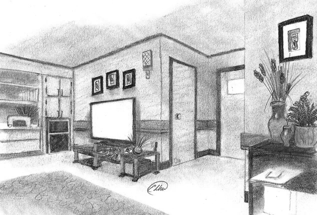 Coloriage d'un salon accueillant avec des meubles et des décorations