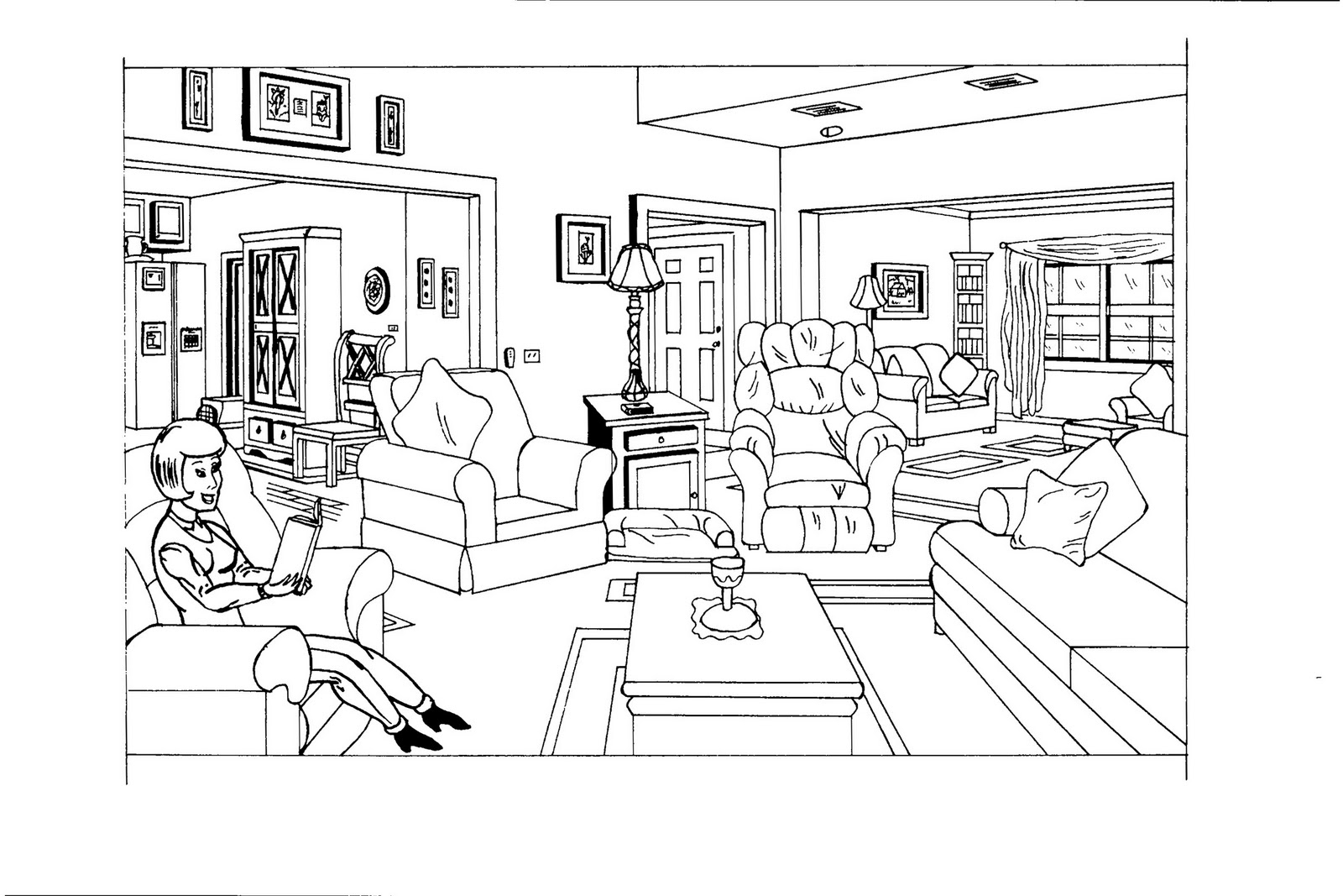Coloriage d'un salon chaleureux avec des meubles confortables
