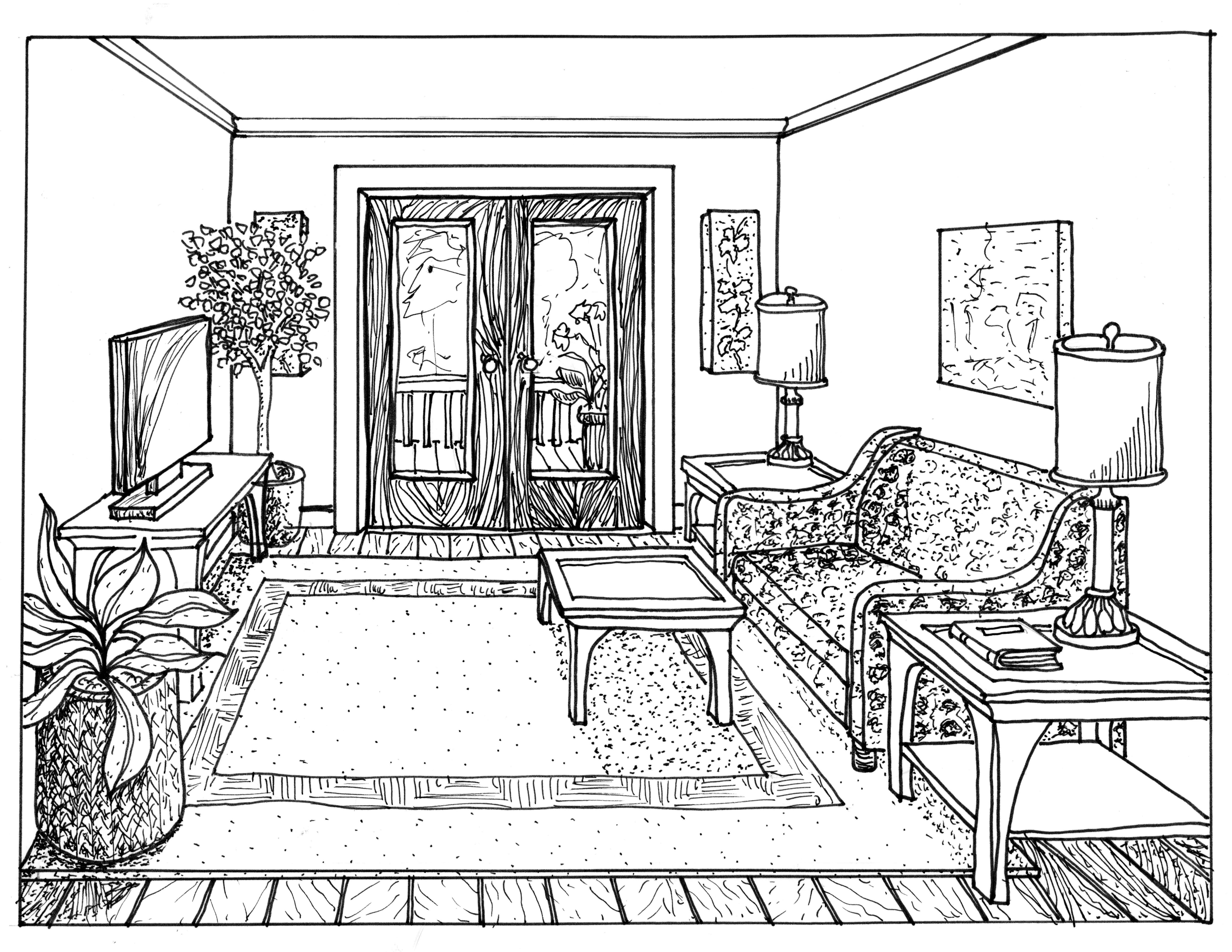 Coloriage d'un salon moderne avec des meubles et des accessoires
